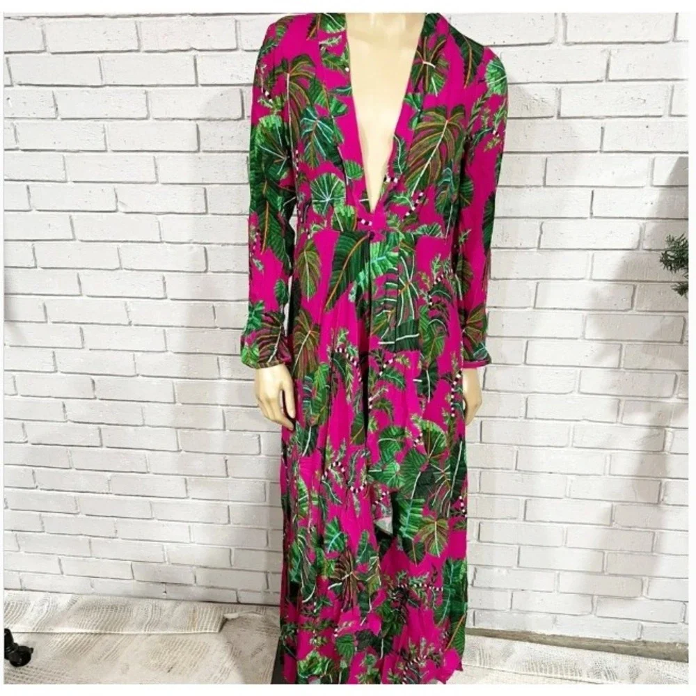 FARM Rio Leaves Print Long Sleeve Maxi Dress in Leaves Pink | XL - Picture 3 of 14